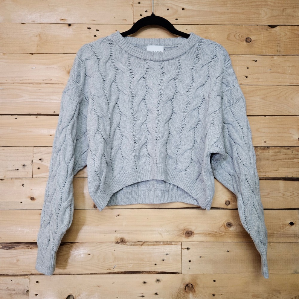 Pink Rose Womens Light Gray Cable Knit Cropped Crew Neck Sweater Small